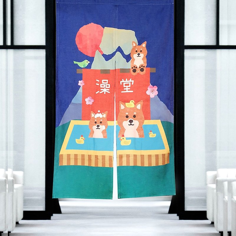 Noren Shiba Inu Bathhouse Mount Fuji - Doorway Curtains & Door Signs - Cotton & Hemp Multicolor