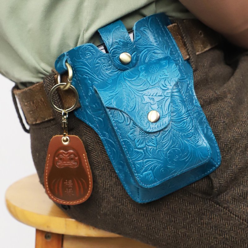 手作り本革メンズウエストポーチ バイカー風ベルト通し 6.7インチスマホ収納可能 牛革ミニポーチ - その他 - 革 ブルー