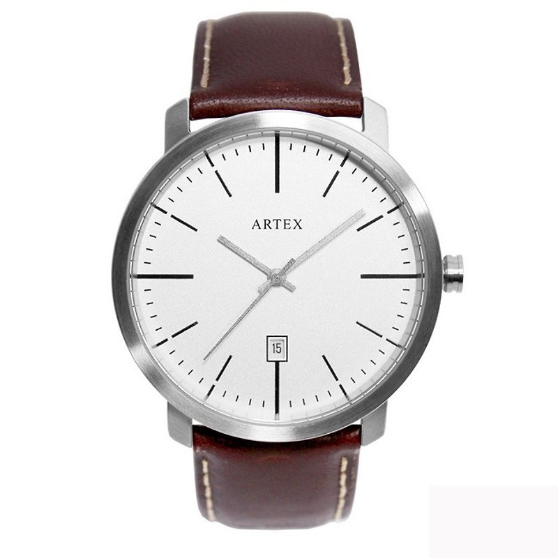 【即將完售5折】ARTEX 5936真皮手錶-褐色/霧銀42mm 有日期窗 - 男裝錶/中性錶 - 真皮 