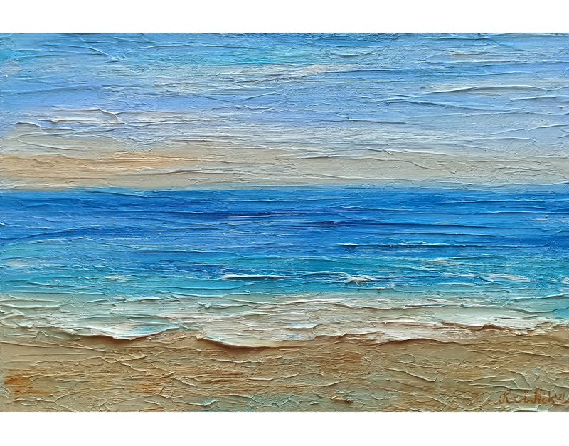 Seascape Painting Beach Impasto Oil Painting Textured Artwork Ocean Original Art - 海報/掛畫/掛布 - 其他材質 藍色