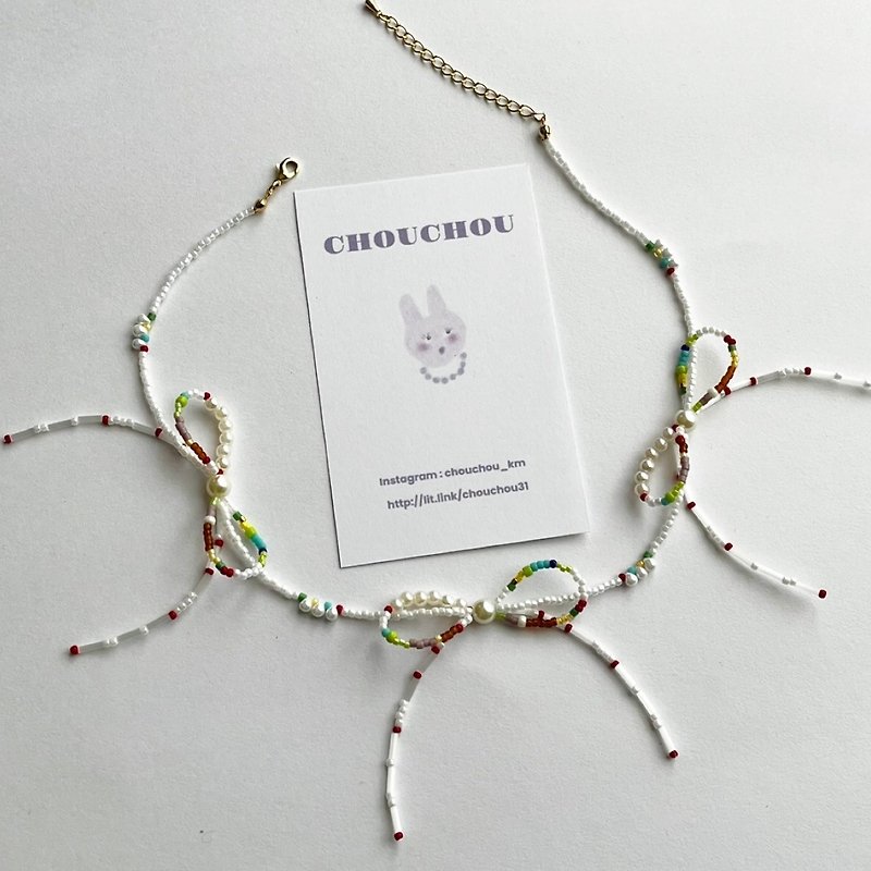 Ribbon beads bead necklace ribbon necklace necklace choker pearl colorful rainbo - สร้อยคอ - วัสดุอื่นๆ หลากหลายสี
