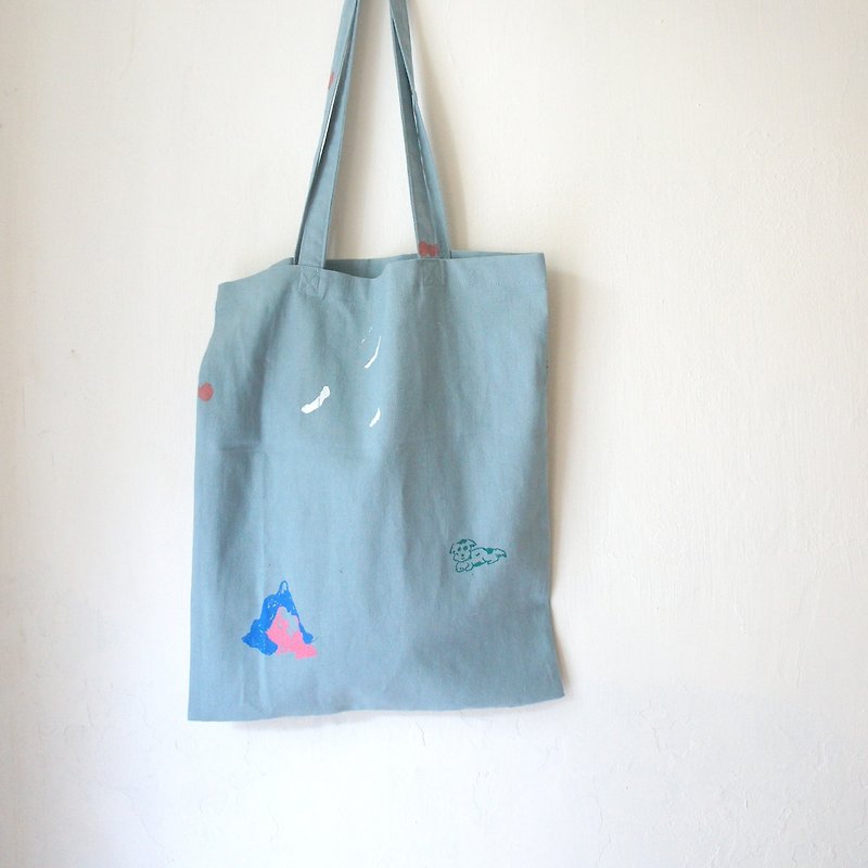 山、風、子犬青綿手作りの綿シルク印刷されたキャリーバッグ/ - ショルダーバッグ - コットン・麻 ブルー