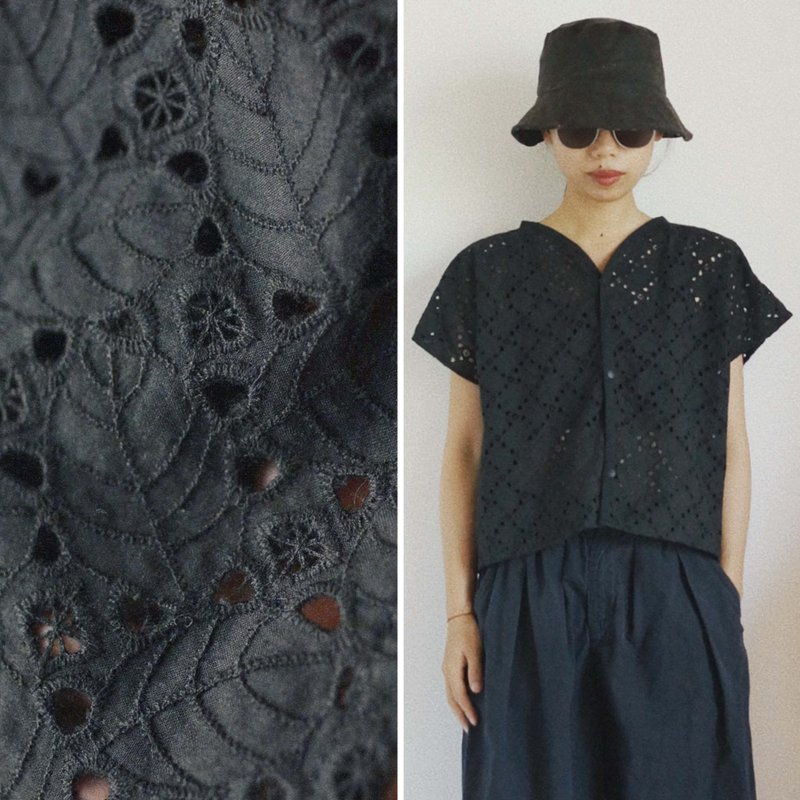 黑色樹葉刺繡鏤空提花 夏季短款短袖上衣 素雅重工蕾絲棉 - 女上衣/長袖上衣 - 棉．麻 黑色