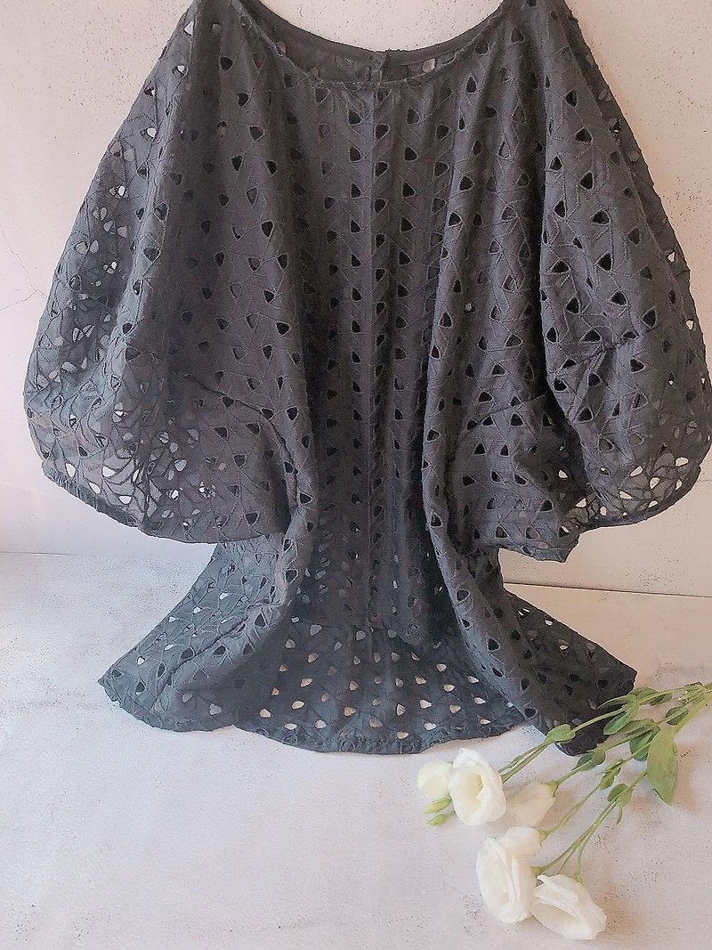 Puffy Cloud Puff Sleeve Blouse Top - Cotton Geometric Basket Embroidered Lace - Women's Tops - Cotton & Hemp Black
