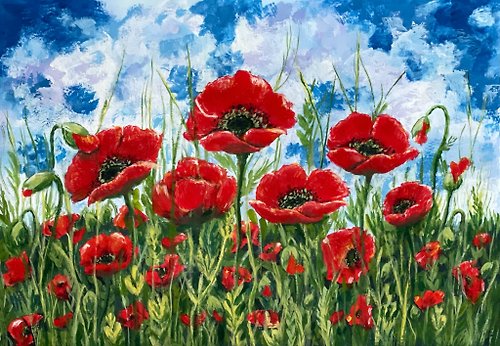 vernissage-VG-galery Field poppies against a cloudy sky. Painting Gouache.