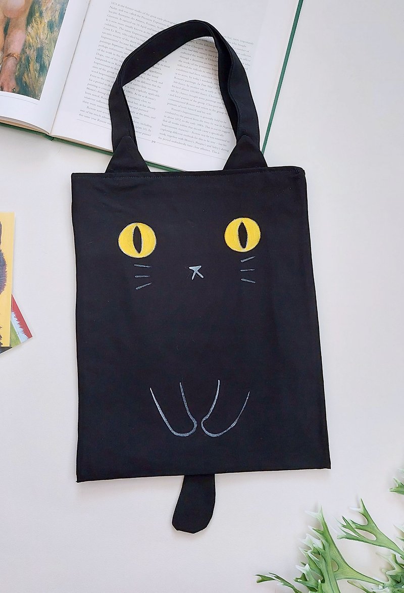 Hand-painted cat A4 tote bag/shoulder bag-black cat - Handbags & Totes - Cotton & Hemp Black