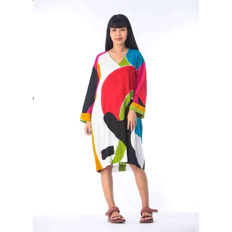 Short Dress Free Size Cotton Rayon Hand Paint - 洋裝/連身裙 - 棉．麻 紅色