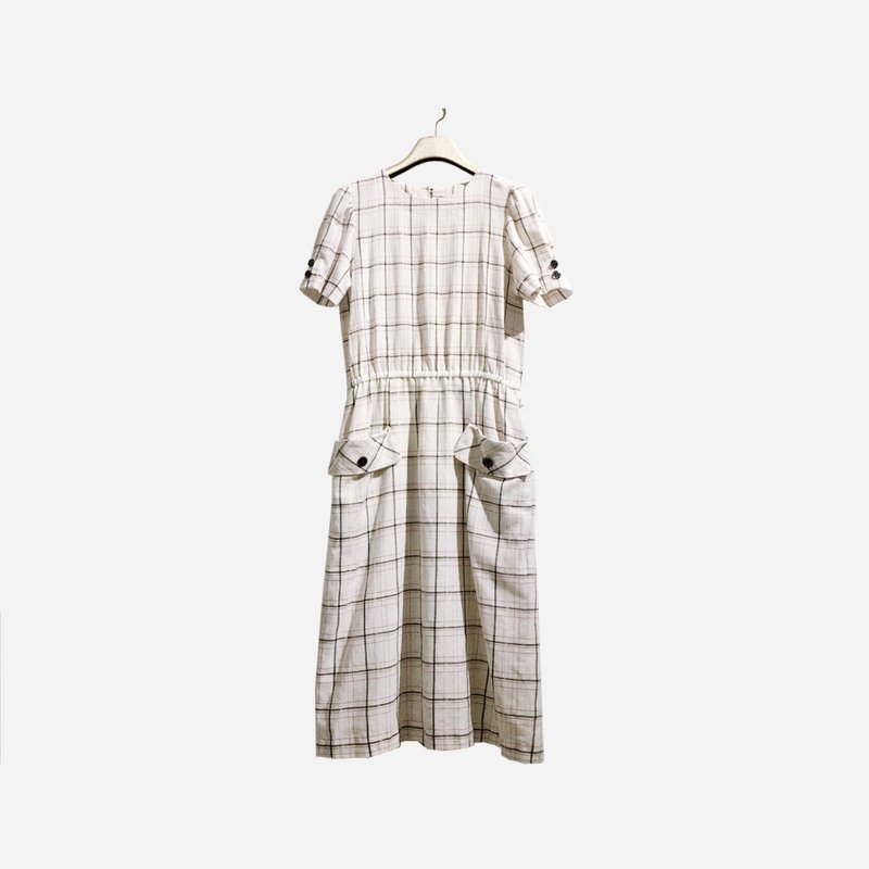 Dislocated vintage / double pocket line check dress no.1338 vintage - ชุดเดรส - ผ้าฝ้าย/ผ้าลินิน ขาว