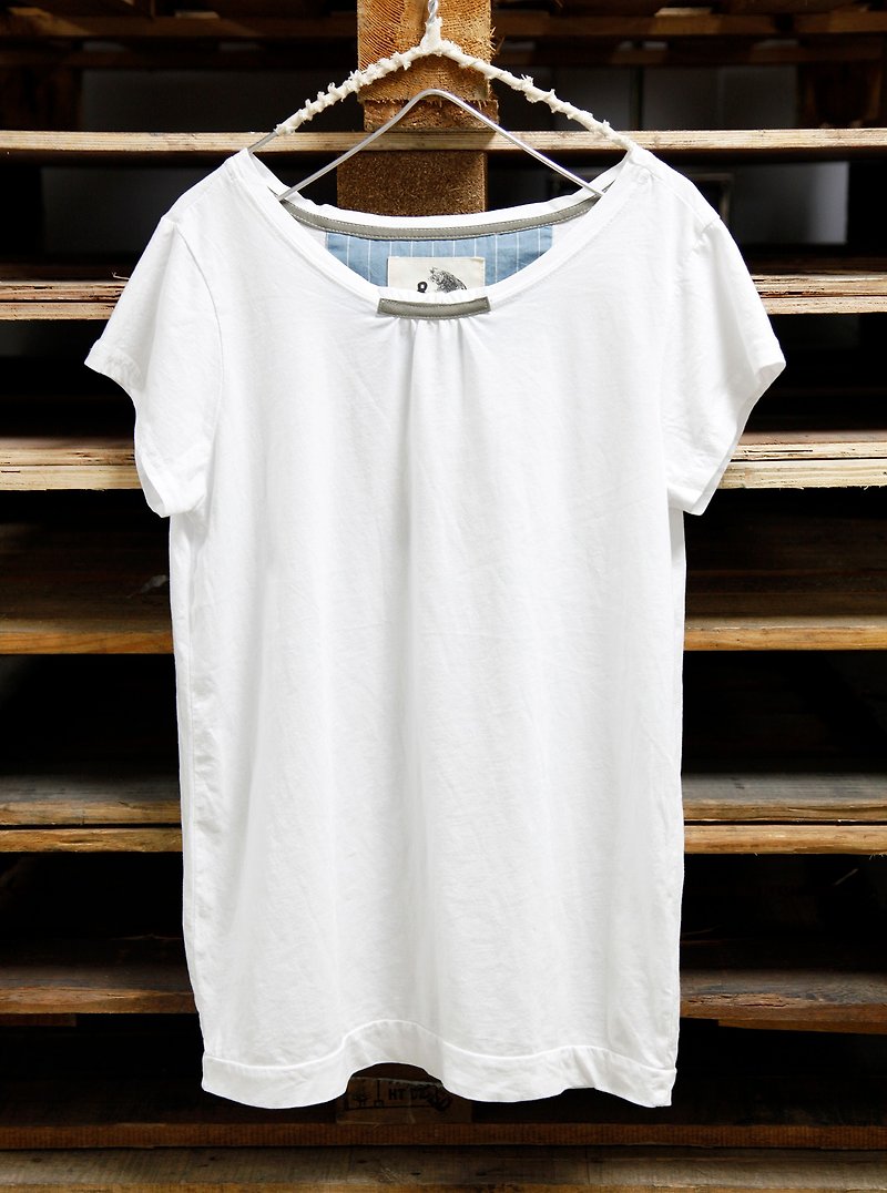 Sea _ 领 collar color matching short-sleeved printed T-shirt - เสื้อยืดผู้หญิง - ผ้าฝ้าย/ผ้าลินิน สีเทา