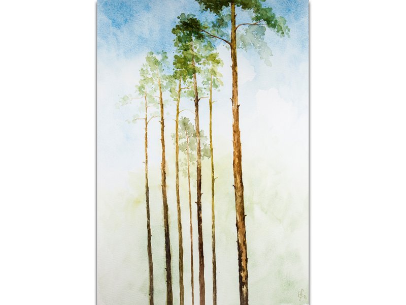 Pine Tree Painting Forest Original Art Watercolor Original Hand-Painted Art - 海報/掛畫/掛布 - 紙 綠色