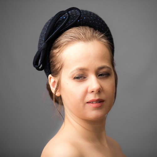 TailoredMagic Navy blue wedding fascinator hats for women. Navy blue halo crown headband