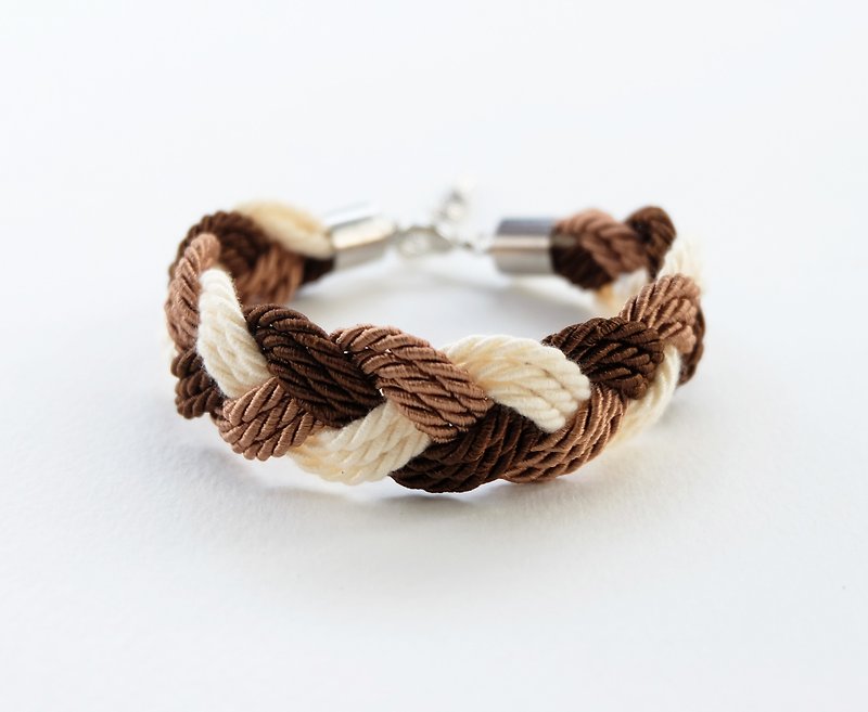 Brown/Dark brown/Cream twist-cord braided bracelet  - สร้อยข้อมือ - วัสดุอื่นๆ สีนำ้ตาล
