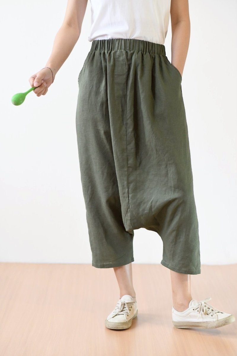 Olive green Harem pants - 女長褲 - 亞麻 