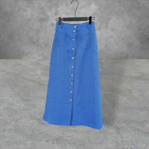 蘿綺莉蕾芭索 二手 POONE 藍黑 格紋 微厚 拼接 排釦 高腰 25 長裙 PF519