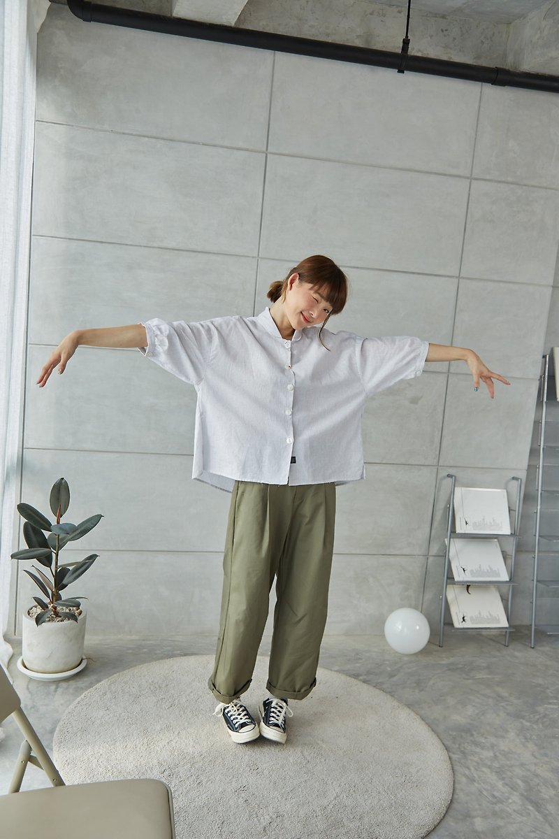 3/4 Sleeve Peter Pan Collar Shirt - Mini Stripe - Women's Tops - Cotton & Hemp White