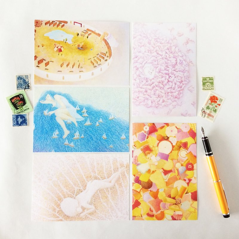 Sleeper Postcard Set of 5 Girls Cushion Box Garden Yacht Silk Moth Butterfly Nap Ship Sea Wave - Cards & Postcards - Paper White