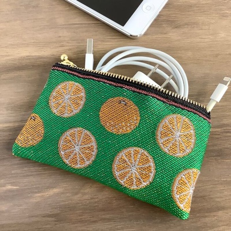 Pouch made from tatami edges with mandarin orange pattern - Toiletry Bags & Pouches - Other Materials Green