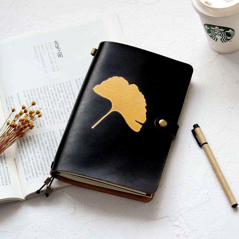 2018 手 如 如 玮 Ginkgo Leaf Dyeing Series Black 22 * ​​15.5cm A5 Leather Notebook Diary TN Traveling The Couple Gift Notepad Custom made handmade - Notebooks & Journals - Genuine Leather Black