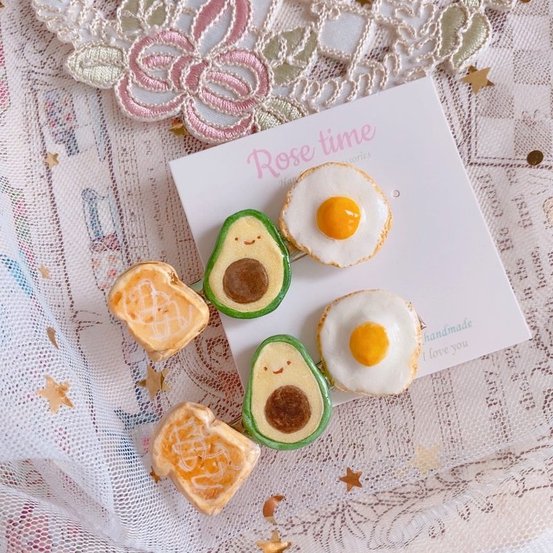 Hand drawn breakfast snacks avocado panna cotta bread fried egg hairpin - เครื่องประดับผม - ดินเหนียว สีเขียว