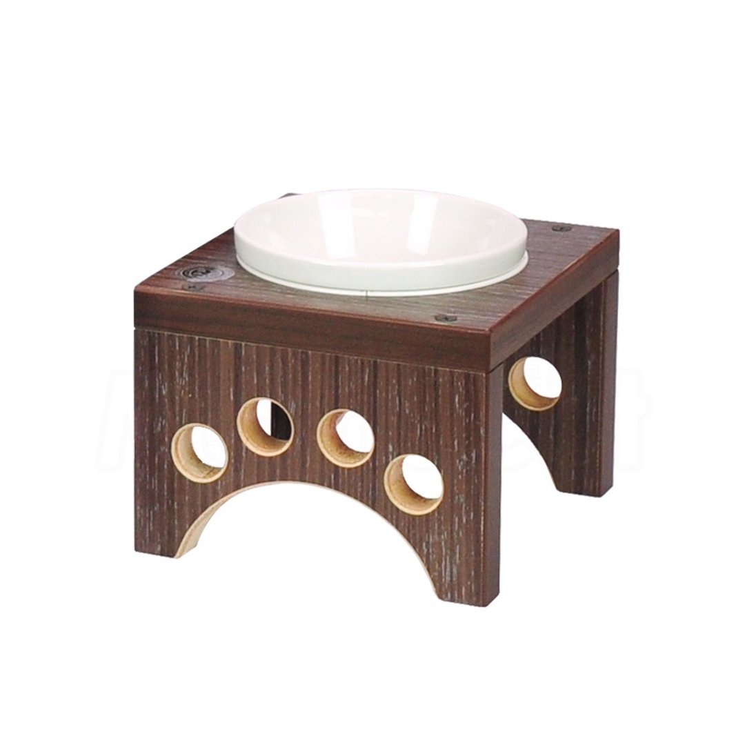 【MOMOCAT】Single mouth small dog and cat dining table Mandheling bowl rack with porcelain bowl - ชามอาหารสัตว์ - ไม้ 