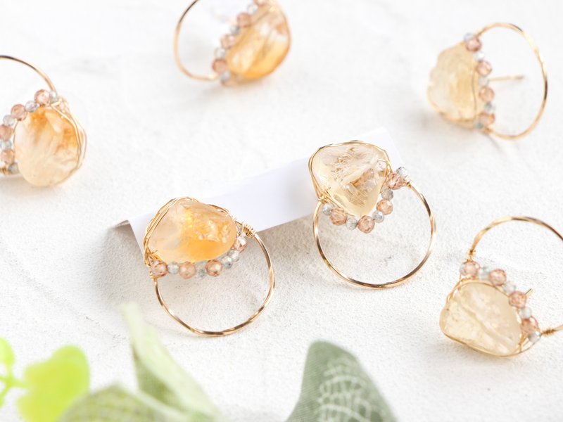 14kgf-citrine & natural brown zircon pierced earrings 不能改耳夾 - 耳環/耳夾/耳骨夾 - 貴金屬 橘色