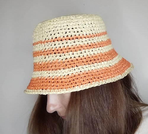 Alternative Crochet Boutique 女士鉤針編織漁夫帽。 太陽鬥帽手工編織。 拉菲草漁夫帽自然