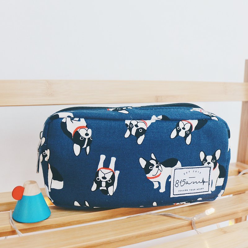 【School Season】Dark Blue French Bulldog/Fighting Pencil Case/Cosmetic Bag | 815a.m - Toiletry Bags & Pouches - Cotton & Hemp 