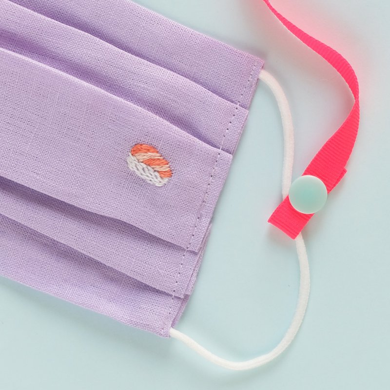 Lilac Linen Mask with Neck Strap - Hand Embroidered Salmon Sushi - 口罩/口罩收納套 - 棉．麻 紫色