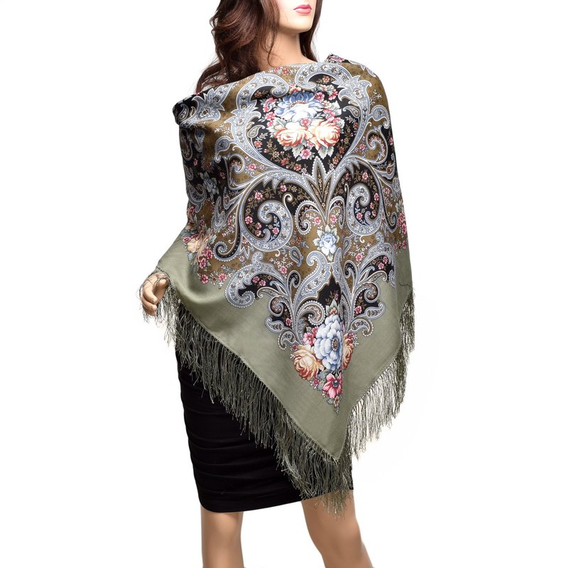 Pavlovo Posad Russian Shawl 100% Wool Scarf 125x125 cm Wrap Silk Fringe 1665-2 - 圍巾/披肩 - 羊毛 多色