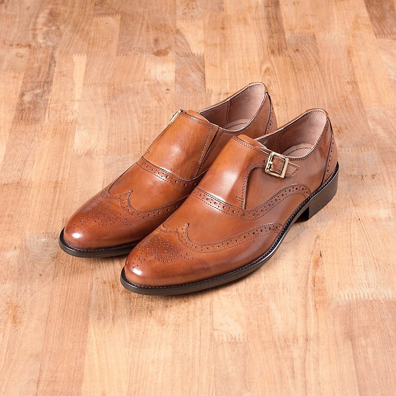 Vanger Gentleman Wing Pattern Single Buckle Monk Shoes-Va255 Brown - รองเท้าอ็อกฟอร์ดผู้ชาย - หนังแท้ สีนำ้ตาล