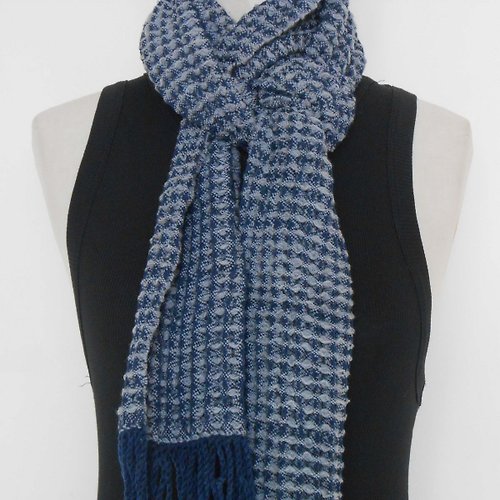 慢手做 梭織 手工圍巾-100%美麗諾羊毛圍巾15深藍x淺灰