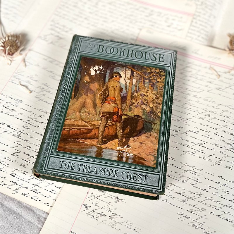 Antique 1928 American Children's Book Hardcover Edition My Bookhouse - The Treasure Chest - หนังสือซีน - กระดาษ สีเขียว