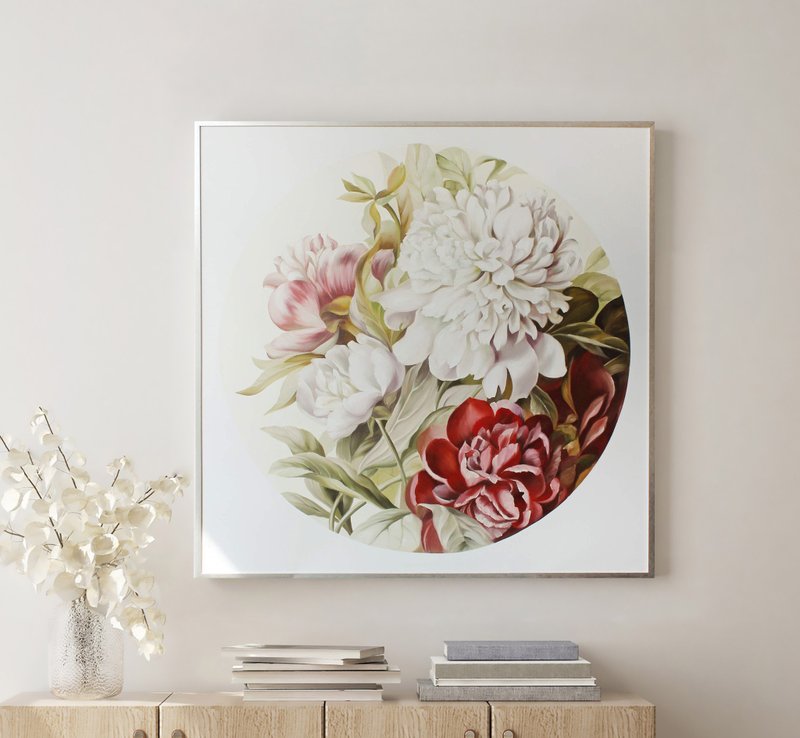 Peony Painting| Large Flower Painting| Original Flower Painting| Retro Peonies - 壁貼/牆壁裝飾 - 棉．麻 紅色