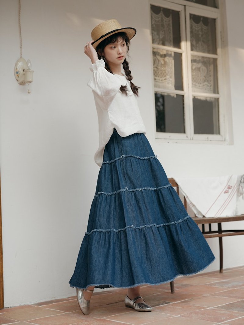 Denim skirt with elastic waist, casual and loose feeling, Japanese style, literary and artistic wear for spring - กระโปรง - ผ้าฝ้าย/ผ้าลินิน สีน้ำเงิน