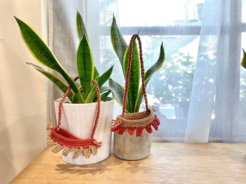 海波浪 手工編織 飲料提袋 橘紅 - 飲料提袋/杯套 - 棉．麻 紅色