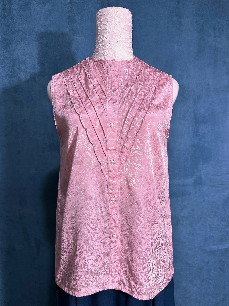 Pearl flower textured sleeveless vintage shirt/brought back to VINTAGE from abroad - เสื้อเชิ้ตผู้หญิง - เส้นใยสังเคราะห์ สึชมพู
