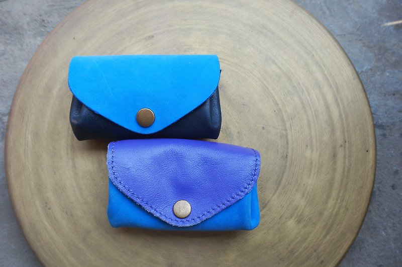 Three-layer fan-shaped coin purse / leisure card package - blue series - Toiletry Bags & Pouches - Genuine Leather Blue