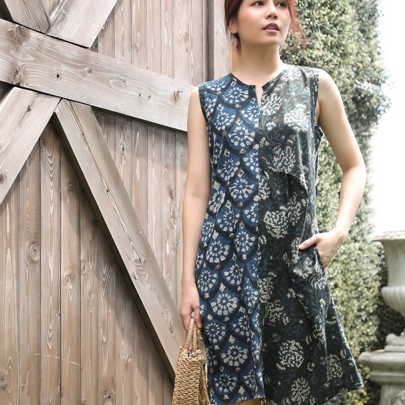 Natural Cotton Midi Sleeveless Dress Summer Cotton Dress - Mixed Pattern - 洋裝/連身裙 - 棉．麻 藍色