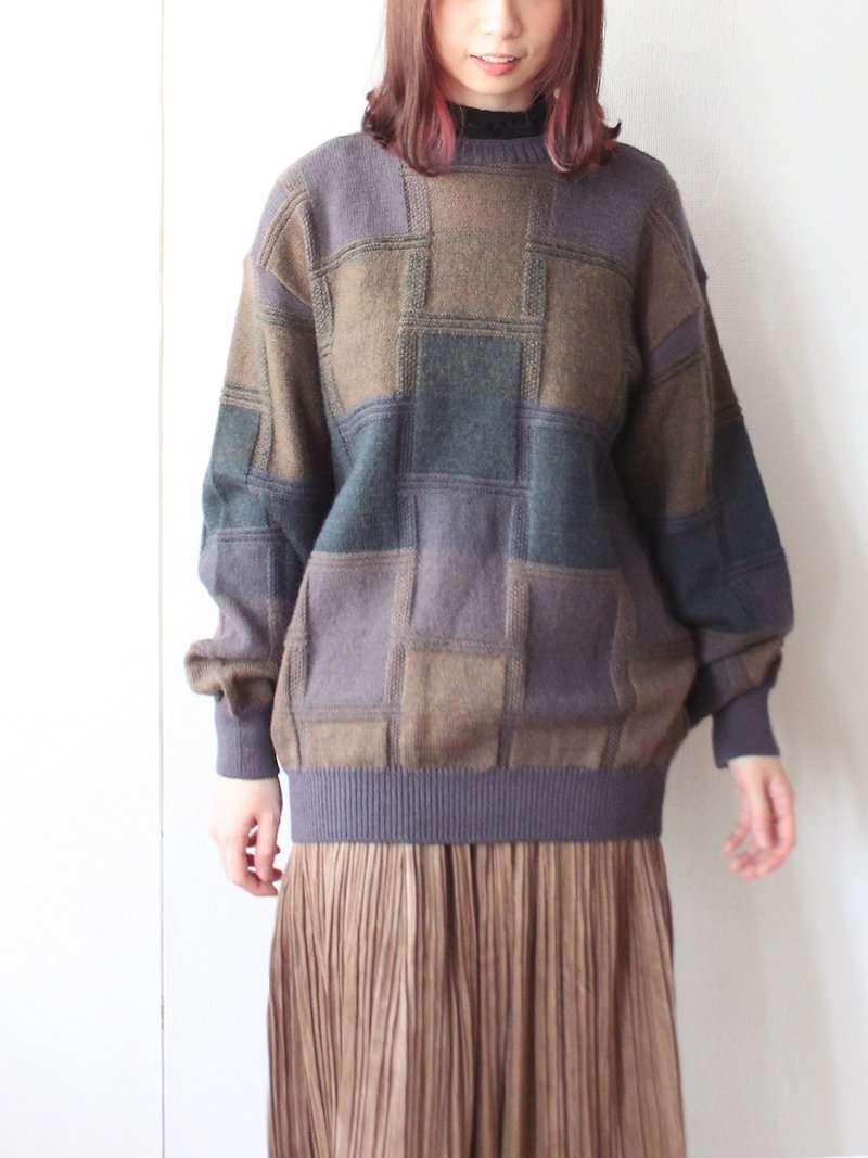 冬復古中性日本製幾何針織寬鬆薄款羊毛紫色古著毛衣 - 女毛衣/針織衫 - 羊毛 紫色