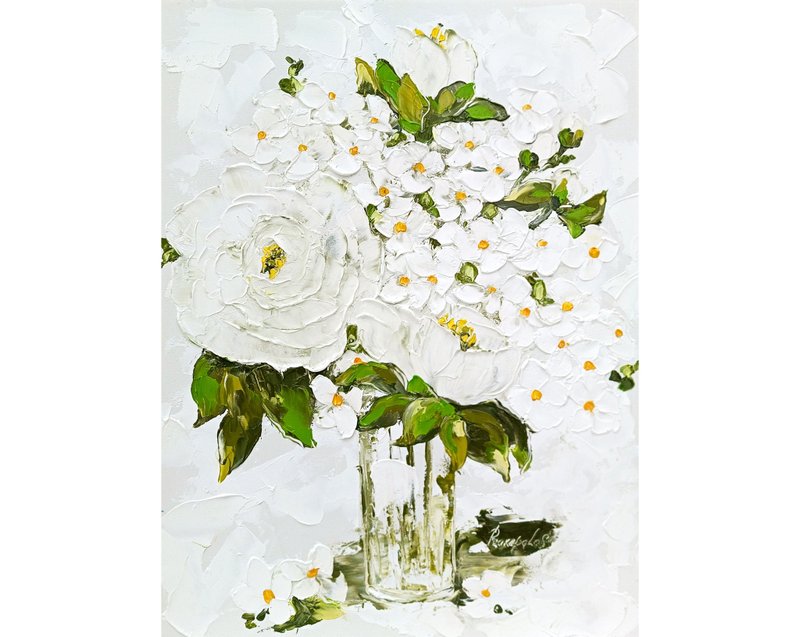 Abstract Floral Peony Painting White Hydrangea in Vase 16 x 12 - 壁貼/牆壁裝飾 - 其他材質 白色