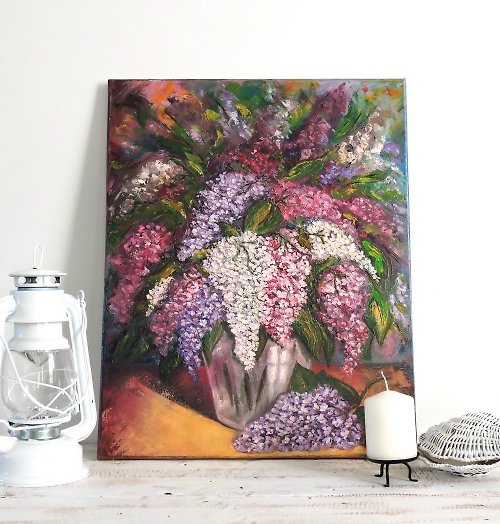 DCS-Art Oil painting Lilac in a Vase original art on canvas home wall decoration