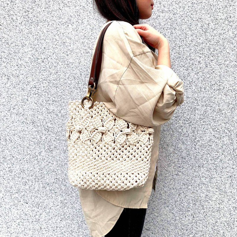 造型花樣側背編織大包【Macrame Bag】 - 側背包/斜背包 - 棉．麻 
