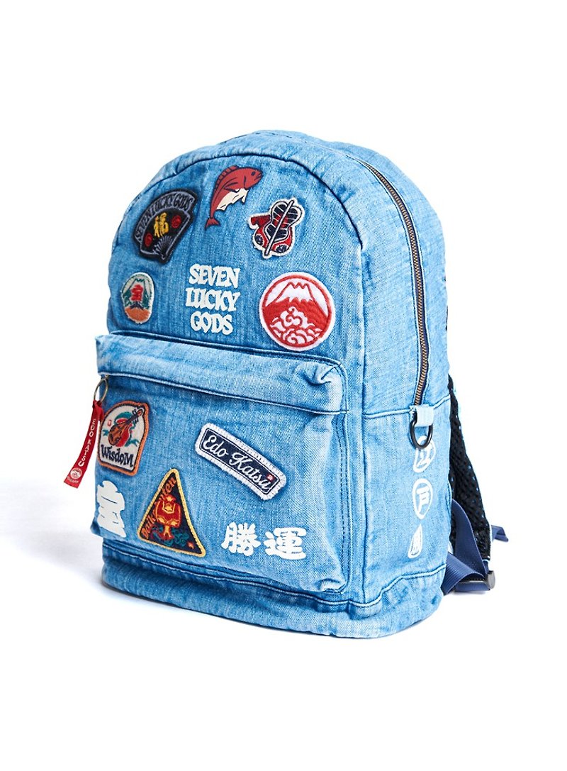 Edo wins Japanese badge embroidery woven label denim backpack - neutral (floating light blue) #包包 - กระเป๋าเป้สะพายหลัง - ผ้าฝ้าย/ผ้าลินิน สีน้ำเงิน