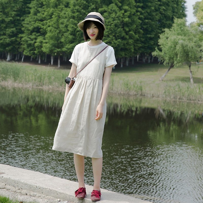 日系亚麻抽褶连衣裙|連衣裙|亞麻|獨立品牌|Sora-139 - 洋裝/連身裙 - 棉．麻 