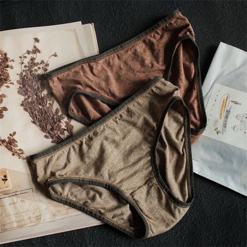 Autumn/Caramel Women's Organic Linen Linen Triangle Mid-Waist Briefs - ชุดชั้นในผู้หญิง - ผ้าฝ้าย/ผ้าลินิน สีนำ้ตาล