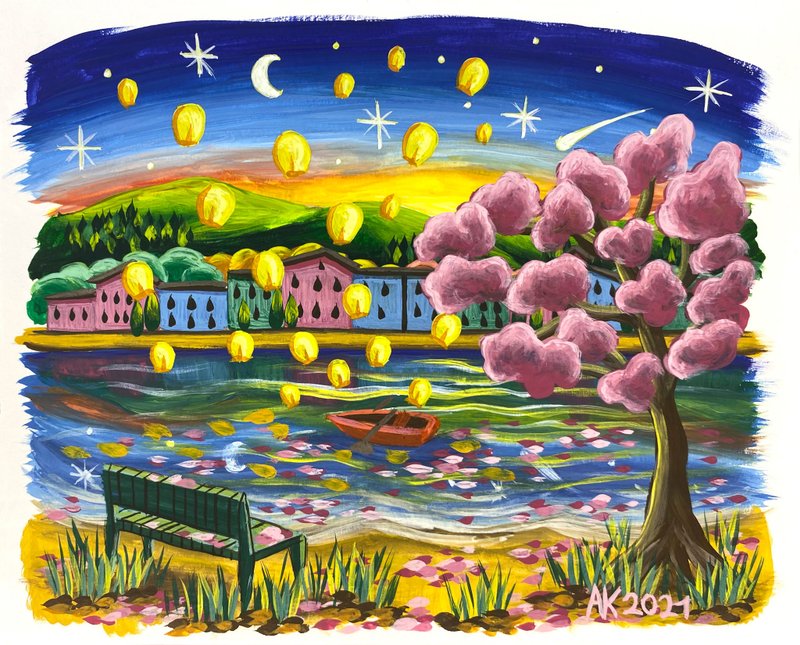 Autumn Night 2 gouache painting, landscape artwork, nature night, lakeside - 壁貼/牆壁裝飾 - 其他材質 藍色