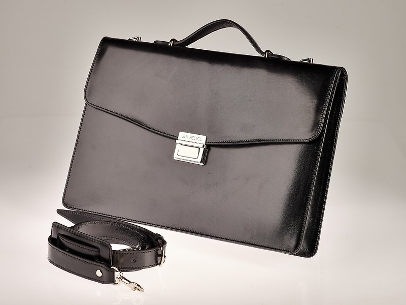 Black vegetable-tanned leather briefcase / nickel finish brass accessories - Briefcases & Doctor Bags - Genuine Leather Black