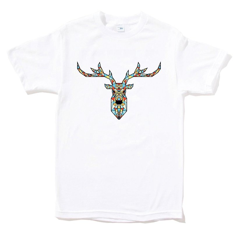 Deer Geometric Color 短袖T恤 白色 幾何 鹿 宇宙 設計 自創 品牌 銀河系 時髦 圓 三角形 - T 恤 - 棉．麻 白色