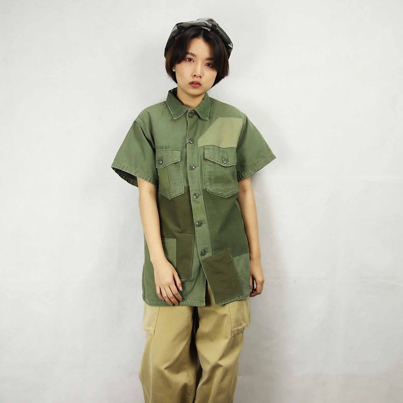 Tsubasa.Y Ancient House 005 Re-splicing Army Lining, Splicing Army Green Army Shirt - เสื้อเชิ้ตผู้ชาย - เส้นใยสังเคราะห์ 