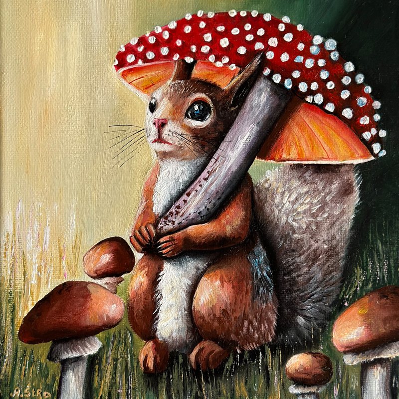 Original canvas painting Squirrel and mushroom, Squirrel portrait, Whimsical art - ตกแต่งผนัง - ผ้าฝ้าย/ผ้าลินิน หลากหลายสี